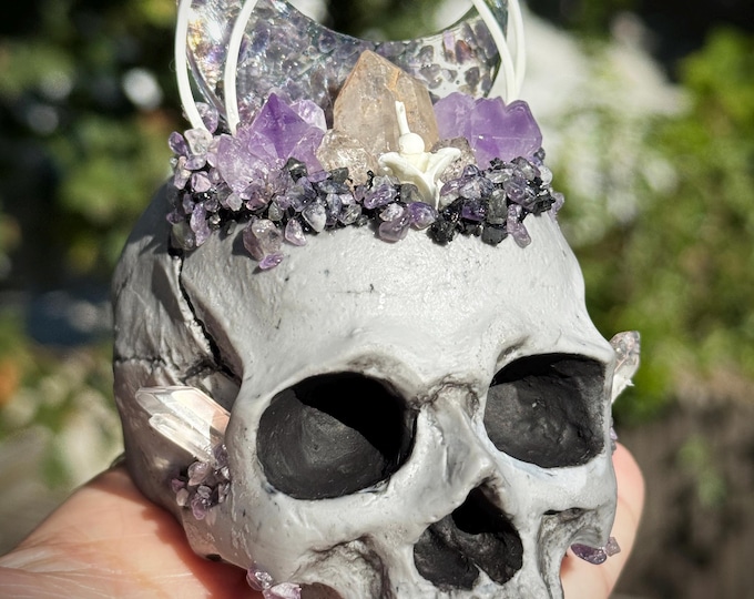 Featured listing image: Macabre Gray Occult Resin Skull Crystal Garden Sculpture w/ Snake Vertebrae and Ribs Oddities Witchy Gothic Altar/Table/Shelf Home Decor