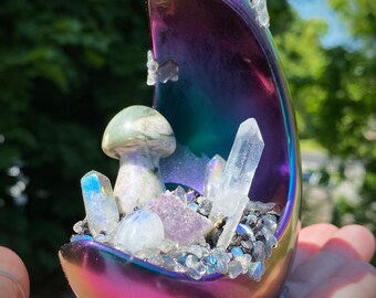 MultiChrome Teal/Purple/Gold Hand Made Occult Resin Crescent Moon Crystal Garden Sculpture Altar/Table/Shelf Home Decor w/ Fluorite Mushroom