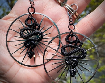 Pair Of Circle Black and Silver Halo Statement Snake Witchy Hand Made Stainless Steel Earrings LIMITED to 2 PAIRS