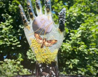 Death's-Head Hawkmoth with Snowflake Obsidian Purple Lighted Botanical Hand Made Occult Palmistry Ring Tree Display Jewelry Organizer