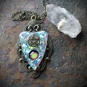 Ouija Inspired Planchette with Pentacle Mood Color Change Resin Faux White Opal Hand Made Bronze Necklace image 4