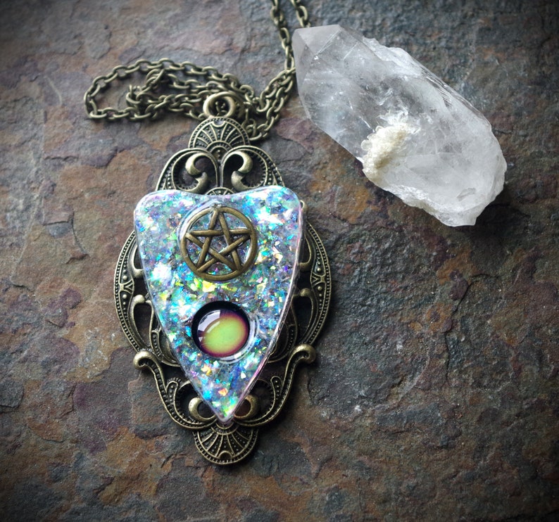 Ouija Inspired Planchette with Pentacle Mood Color Change Resin Faux White Opal Hand Made Bronze Necklace image 4