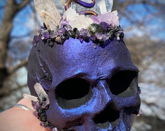 Macabre Purple/Pink Snake Hand Made Occult Resin Skull Crystal Garden Sculpture Altar/Table/Shelf Home Decor w/ Golden Enhydro Quartz