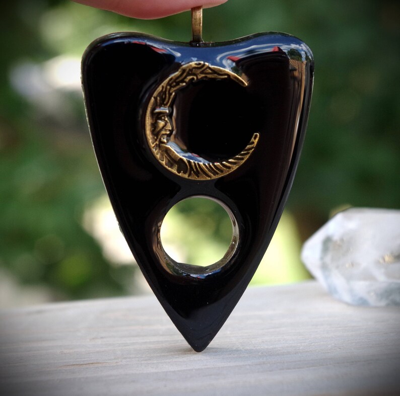 Black Resin Unisex Planchette With Bronze Moon Hand Made Necklace