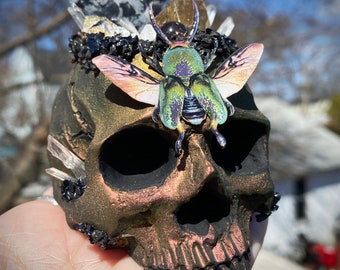 Macabre Gold/Green/Pink Beetle Hand Made Occult Resin Skull Crystal Garden Sculpture Altar/Table/Shelf Home Decor w/ Golden Rutilated Quartz