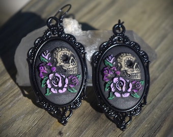 Pair of Black Tattooed Sugar Skull with Roses Day of the Dead Dia De Los Muertos Hand Made Earrings