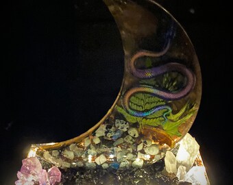 Snake with Mushrooms, Ferns, and Ivy Amethyst/Rainbow Moonstone Hand Made Resin Crescent Moon Occult Lighted Sculpture Altar Display/Decor