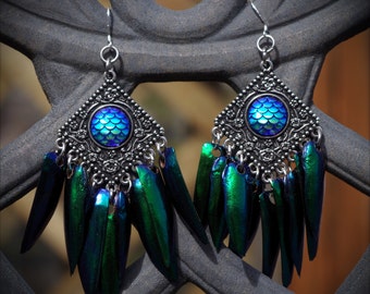 Pair Of Blue Mermaid/Dragon Scale Chandelier Hand Made REAL Elytra Jewel Beetle Insect Statement Earrings