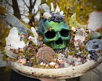 Large Green Multichrome Resin Skull Hand Made USB Lighted Earth Crystal Garden Display Sculpture w/ Labradorite, Quartz, Ammonite