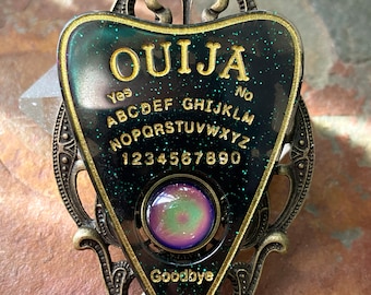 Ouija Board Mood Color Change Resin Black Glitter Planchette Bronze Setting Hand Made Necklace