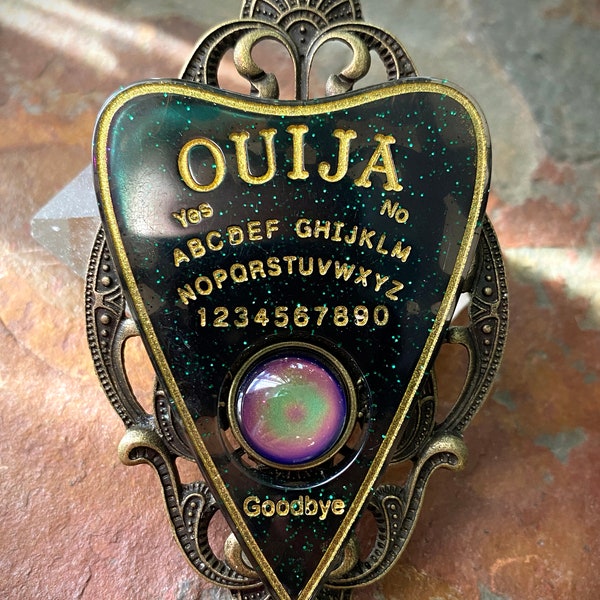 Ouija Board Mood Color Change Resin Black Glitter Planchette Bronze Setting Hand Made Necklace