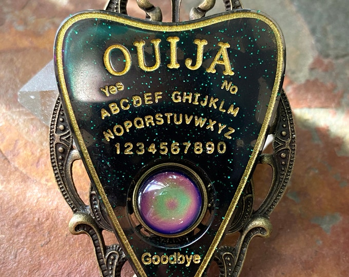 Featured listing image: Ouija Board Mood Color Change Resin Black Glitter Planchette Bronze Setting Hand Made Necklace