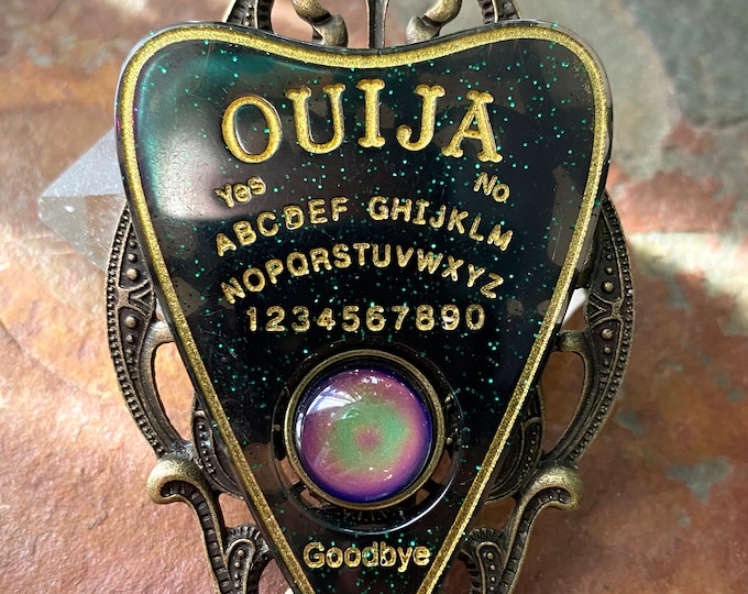 Featured listing image: Ouija Board Mood Color Change Resin Black Glitter Planchette Bronze Setting Hand Made Necklace