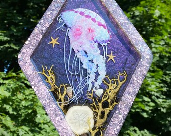 Jellyfish Ocean Scene With Moss, Starfish, Sand Dollar, Seashells Hand Made Resin Altar Wall Hanging Home Decor