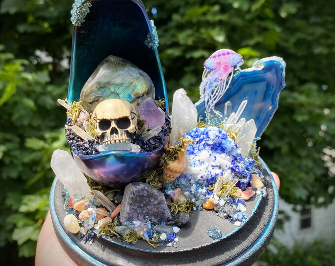 Featured listing image: Multichrome Teal/Purple Hand Made Ocean Theme Jellyfish Crescent Moon Crystal Garden Sculpture Altar/Table/Shelf Home Decor w/ Azurite