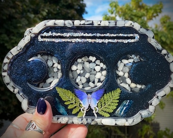Blue Butterfly with Quartz, Ferns, and Rainbow Moonstone Occult Triple Moon Tarot Card Single Card Tray Hand Made Holder/Display