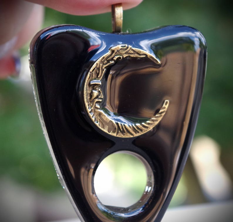 Black Resin Unisex Planchette With Bronze Moon Hand Made Necklace