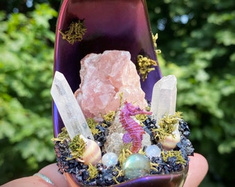 MultiChrome Pink/Gold/Purple Hand Made Occult Resin Crescent Moon Seahorse Crystal Garden Sculpture Altar/Table/Shelf Home Decor w/Moonstone