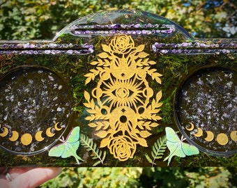 Double Luna Moth with Mushrooms, Moss, and Amethyst Occult Tarot Card 3 Card Spread Hand Made Card Holder/Display
