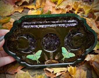 Double Luna Moths with Moss, Amethyst, Golden Enhydro Quartz Occult Triple Moon Tarot Card Single Card Tray Hand Made Holder/Display