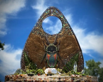 Dark Night Garden Iridescent Beetle with Quartz, Oco Agate Geode, and Moss Lighted Ouija Inspired Planchette Sculpture Botanical Display