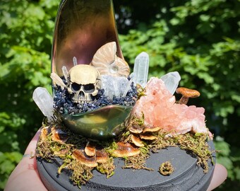 Multichrome Gold/Green/Pink Hand Made Occult Skull Resin Crescent Moon Crystal Garden Sculpture Altar/Table/Shelf Home Decor w/ Mushrooms