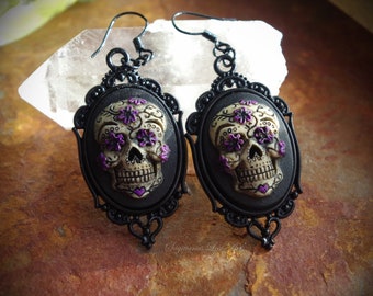 Pair of Gothic Black Setting Sugar Skull Day of the Dead Dia De Los Muertos Hand Made Earrings