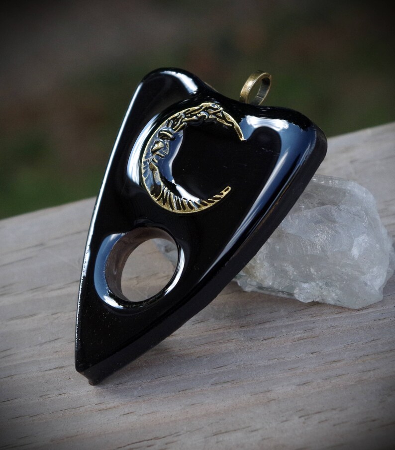 Black Resin Unisex Planchette With Bronze Moon Hand Made Necklace
