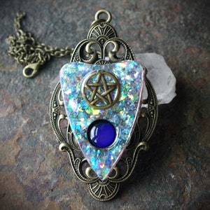 Ouija Inspired Planchette with Pentacle Mood Color Change Resin Faux White Opal Hand Made Bronze Necklace image 2