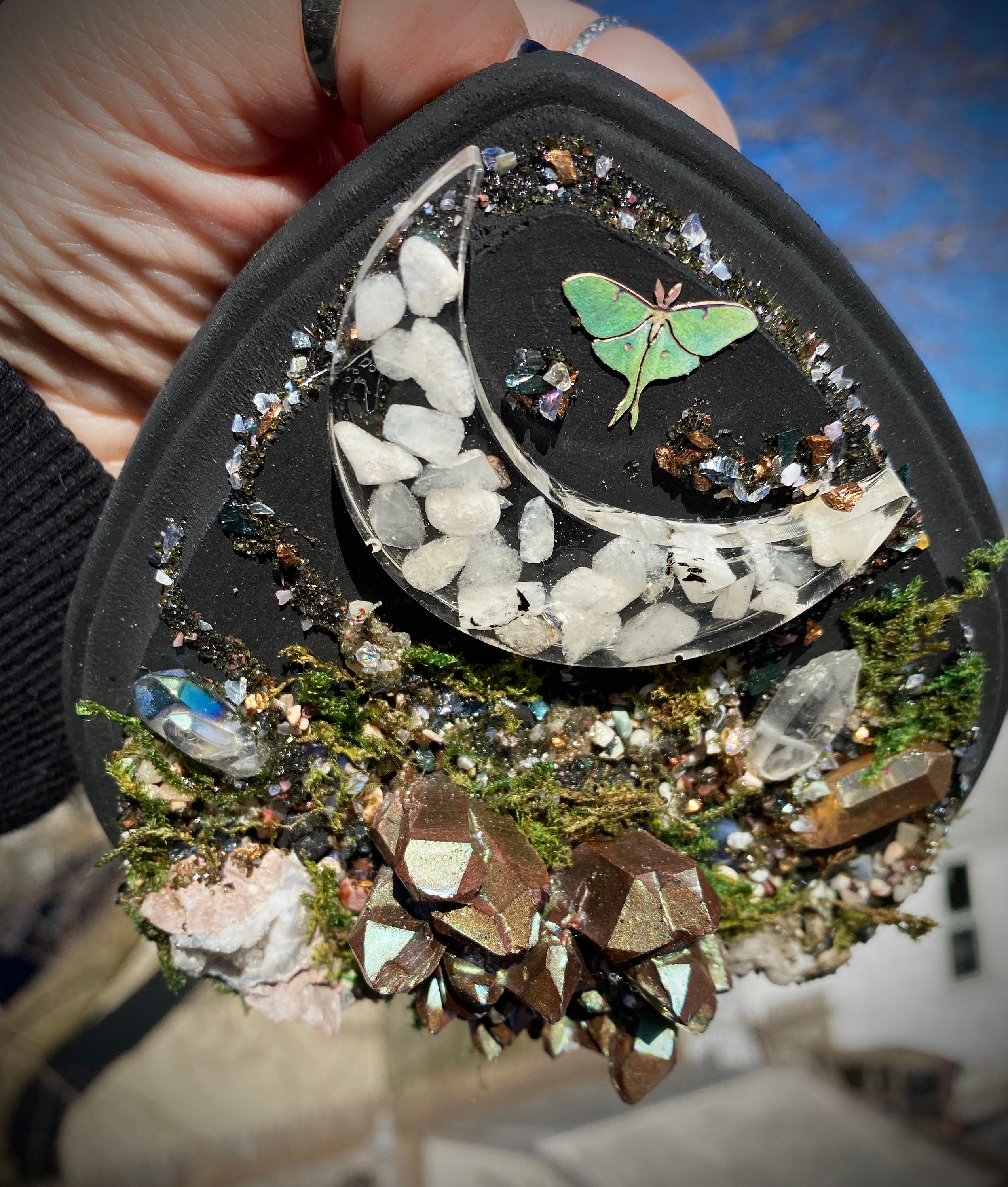 Mini Hand Made Luna Moth Crescent Moon Multichrome Crystal Garden