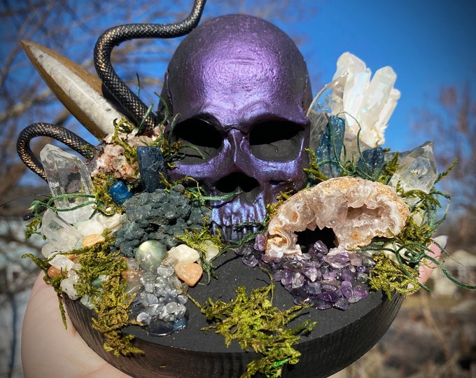 Featured listing image: Macabre Multichrome Purple/Teal Hand Made Occult Resin Skull w/ Snake and Moon Crystal Garden Sculpture Altar/Table/Shelf Home Decor