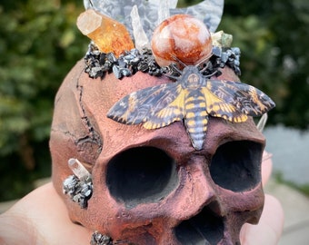 Macabre Dark Chrome Death's-Head Hawkmoth Hand Made Occult Resin Skull Crystal Garden Sculpture Altar/Table/Shelf Home Decor w/Fire Quartz