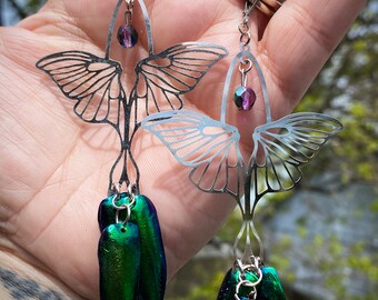 Pair Of Silver Stainless Steel Luna Moth Boho Witchy Hand Made Chandelier REAL Elytra Jewel Beetle Wing Insect Earrings LIMITED to 5 PAIRS