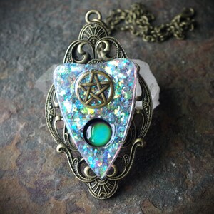 Ouija Inspired Planchette with Pentacle Mood Color Change Resin Faux White Opal Hand Made Bronze Necklace image 5