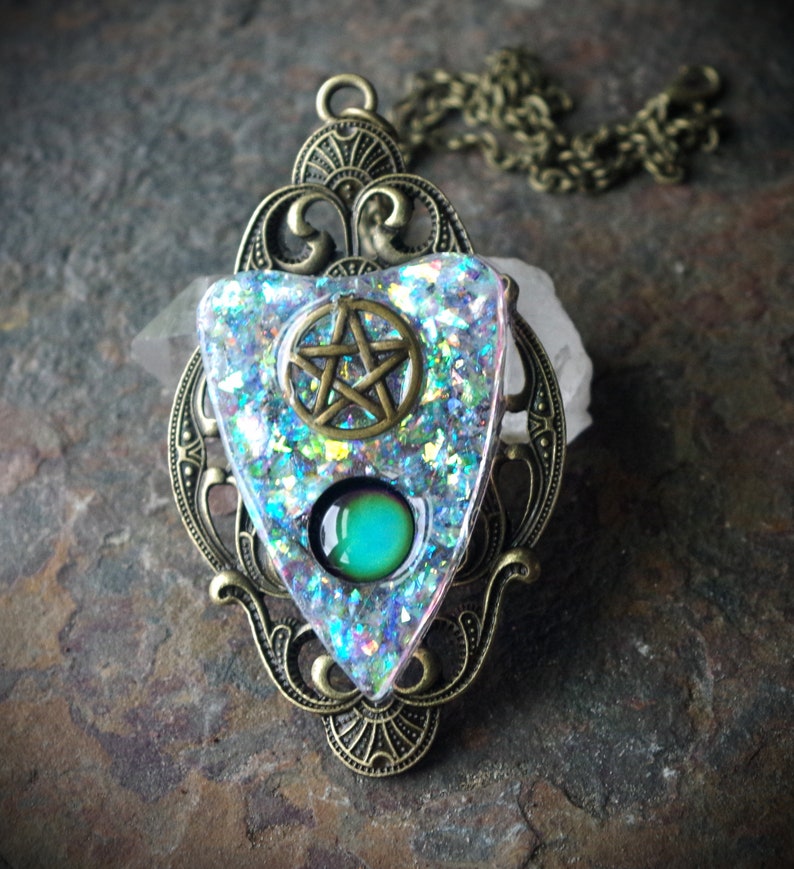 Ouija Inspired Planchette with Pentacle Mood Color Change Resin Faux White Opal Hand Made Bronze Necklace image 5