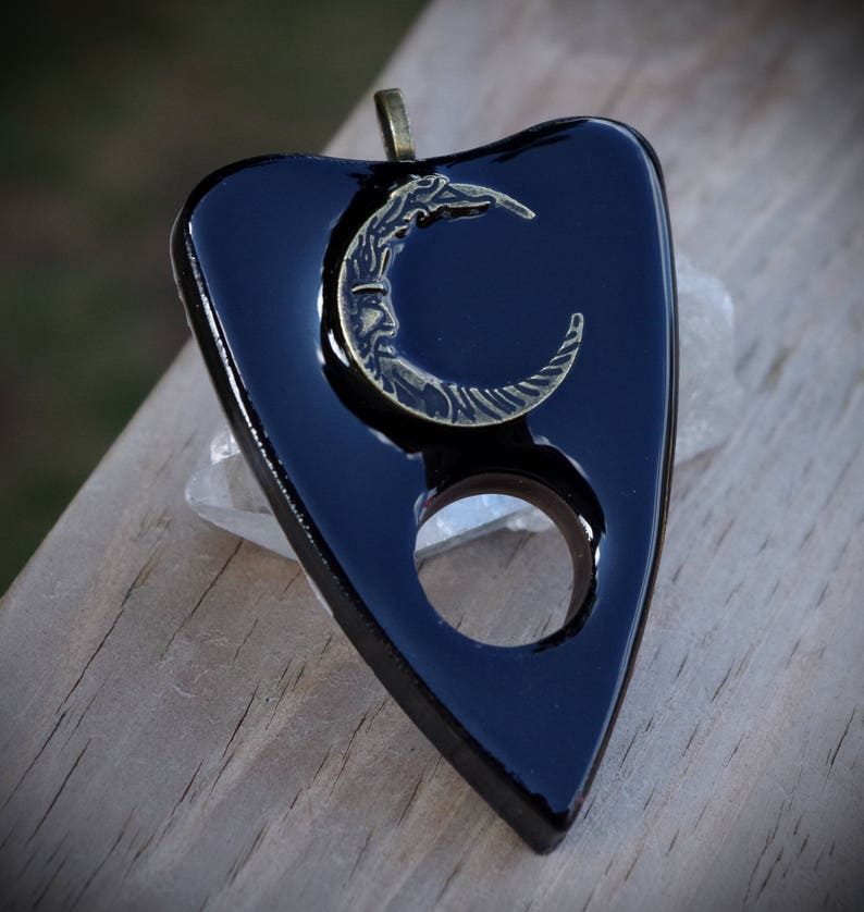 Black Resin Unisex Planchette With Bronze Moon Hand Made Necklace