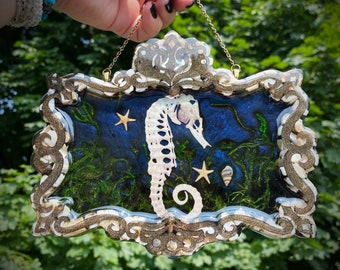 Faux Seahorse Skeleton Ocean Scene with Moss, Starfish, Seashells Gothic Frame Hand Made Resin Wall Hanging Decor