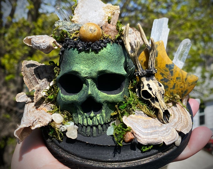 Featured listing image: Multichrome Earthy Green Hand Made Skull with Deer Skull and Mushrooms Crystal Garden Sculpture Witchy Goth Altar/Table/Shelf Home Decor