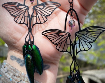 Pair Of Black Luna Moth Witchy Boho Hand Made Chandelier REAL Elytra Jewel Beetle Wing Insect Earrings LIMITED to 5 PAIRS