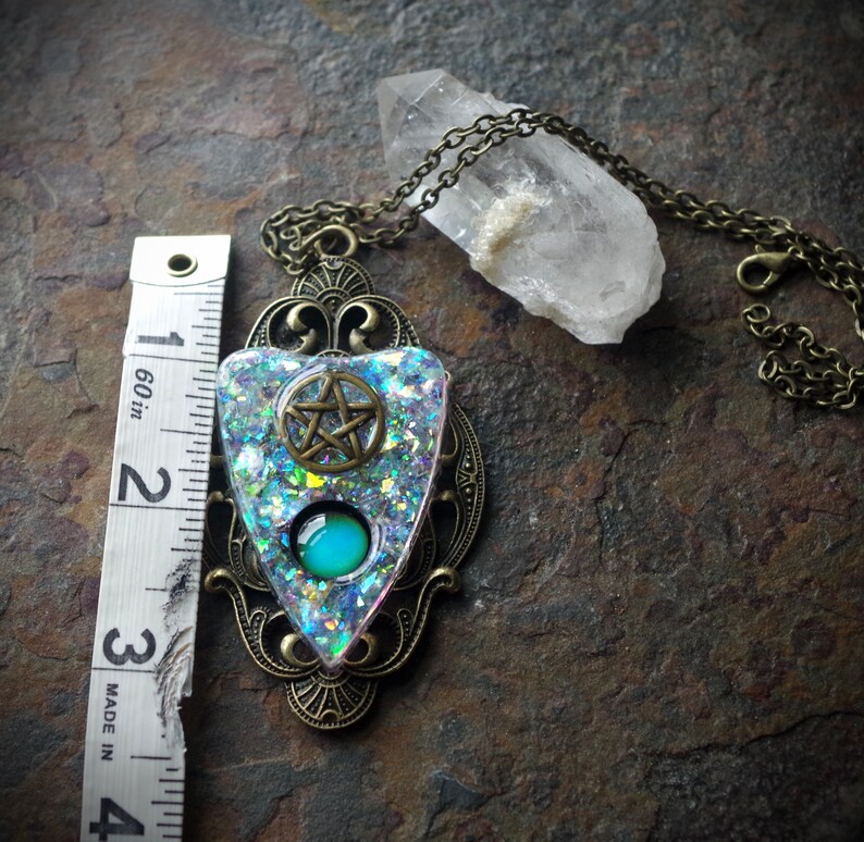 Ouija Inspired Planchette with Pentacle Mood Color Change Resin Faux White Opal Hand Made Bronze Necklace image 6