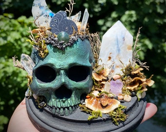 Macabre Multichrome Green/Blue Hand Made Occult Resin Skull w/ Mushrooms and Moss Crystal Garden Sculpture Altar/Table/Shelf Home Decor