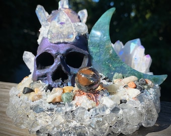 Oraculum Multichrome Skull Witchy Occult Goth Hand Made USB Lighted Crystal Garden Display Sculpture w/ Moss Agate, Quartz, Smokey Quartz