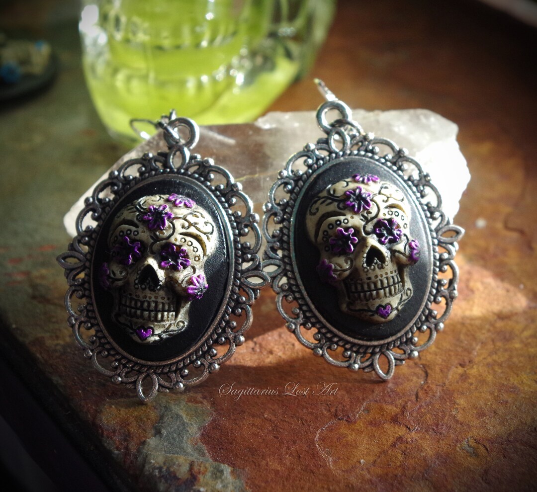 Pair Sugar Skull Day of the Dead Dia De Los Muertos Hand Made Sterling ...