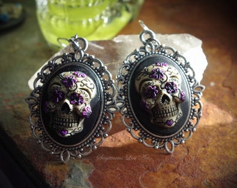 Pair Sugar Skull Day of the Dead Dia De Los Muertos Hand Made Sterling Silver Ear Wires Earrings