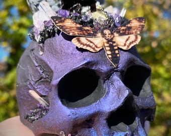 Macabre Purple/Blue Death's-Head Hawkmoth Hand Made Occult Resin Skull Crystal Garden Sculpture Altar/Table/Shelf Home Decor w/Grape Agate