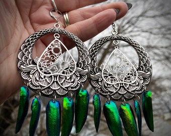 Pair Of Ornate Filigree Statement Occult Planchette Witchy Hand Made Chandelier REAL Elytra Jewel Beetle Wing Insect Earrings LIMITED