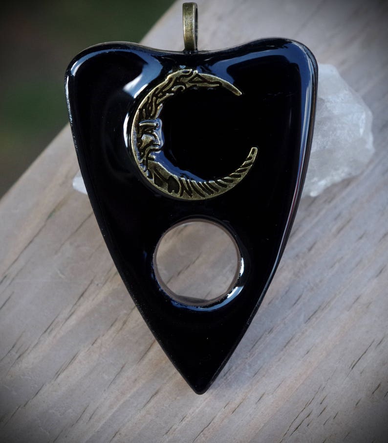Black Resin Unisex Planchette With Bronze Moon Hand Made Necklace