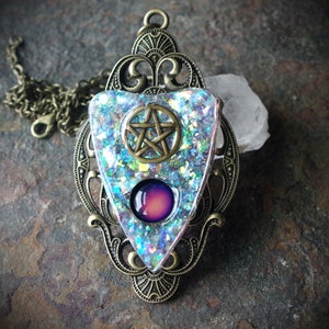 Ouija Inspired Planchette with Pentacle Mood Color Change Resin Faux White Opal Hand Made Bronze Necklace image 1