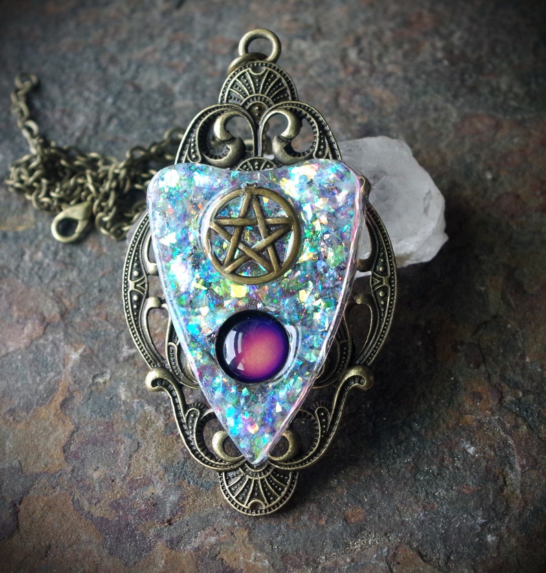 Ouija Inspired Planchette with Pentacle Mood Color Change Resin Faux White Opal Hand Made Bronze Necklace image 1