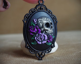 Tattooed Sugar Skull With Roses Calavera Day of the Dead Dia De Los Muertos Hand Made Necklace